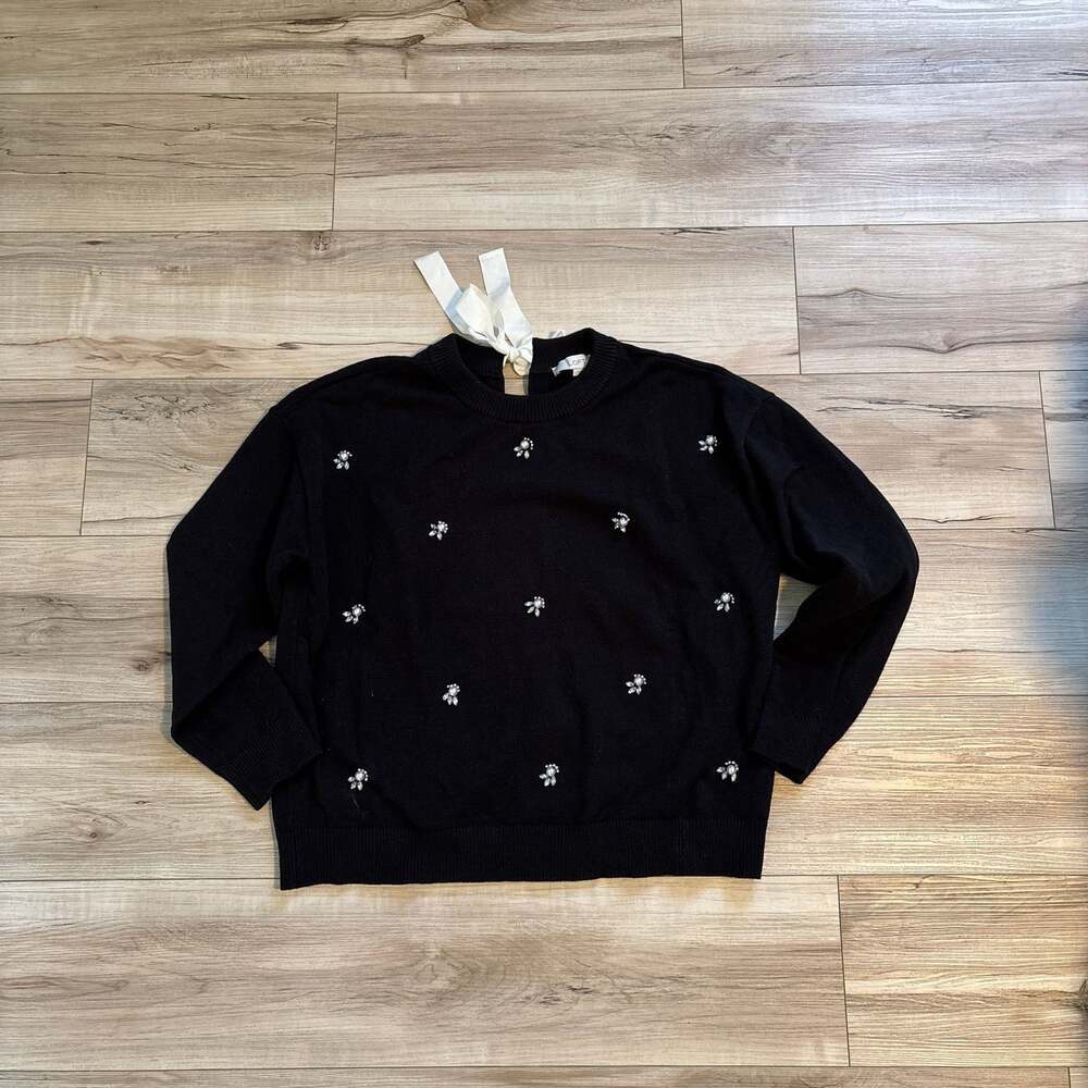 LOFT Black Jeweled Crystal Embellished Crewneck Sweater with Back Ribbon Tie